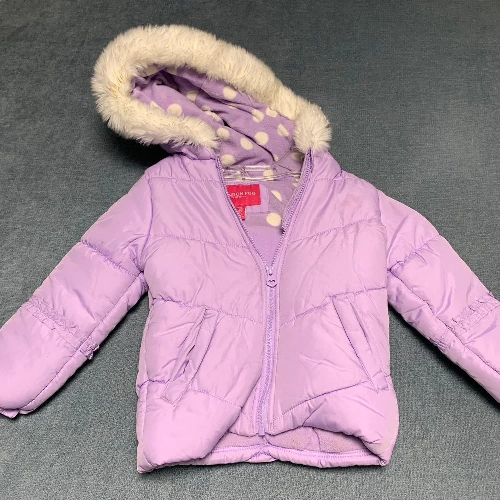 London Fog Puffer Jacket Girls S/4 Purple Faux Fur Trim Hood Fleece Lined Warm